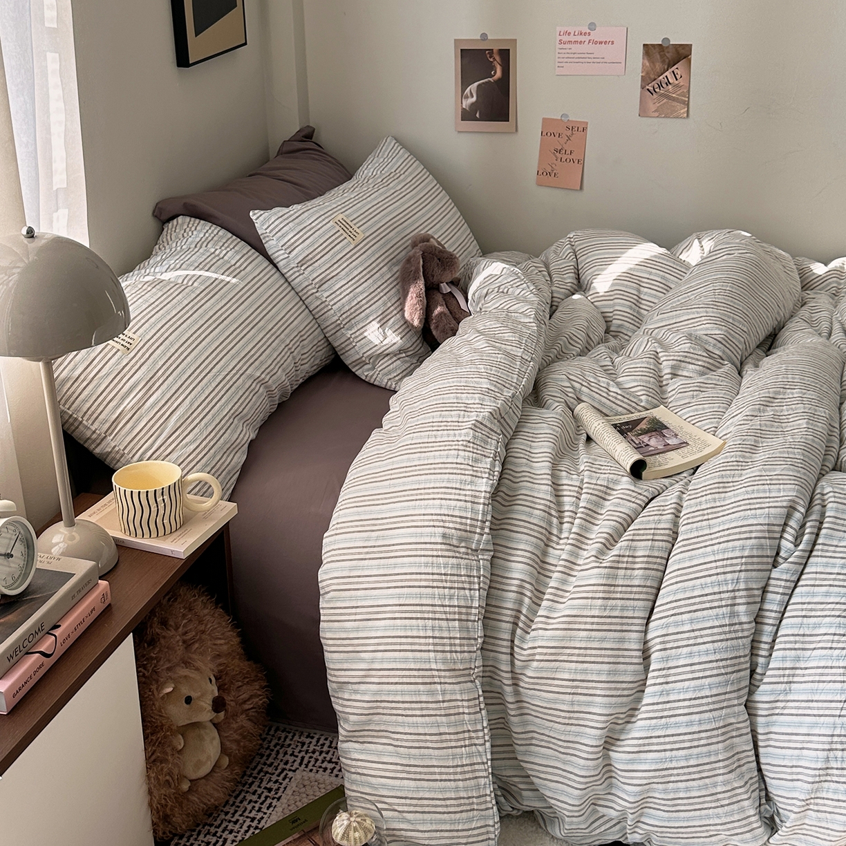 91家纺网 家纺一手货源 找家纺 艾咪-Amy ntmy 2026新款布标条纹款全棉纯棉色织水洗棉四件套 蓝灰条