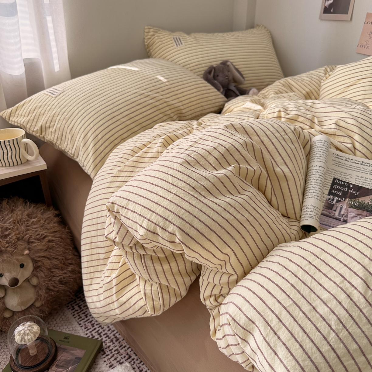 91家纺网 家纺一手货源 找家纺 艾咪-Amy ntmy 2026新款布标条纹款全棉纯棉色织水洗棉四件套 马卡黄