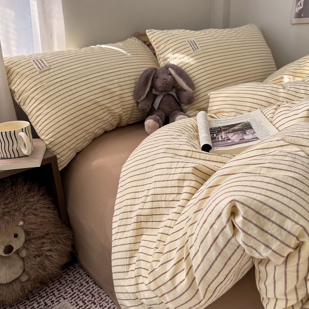 91家纺网 家纺一手货源 找家纺 艾咪-Amy ntmy 2026新款布标条纹款全棉纯棉色织水洗棉四件套 马卡黄