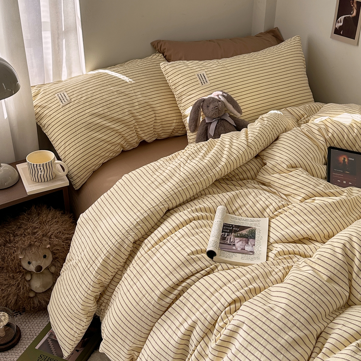 91家纺网 家纺一手货源 找家纺 艾咪-Amy ntmy 2026新款布标条纹款全棉纯棉色织水洗棉四件套 马卡黄