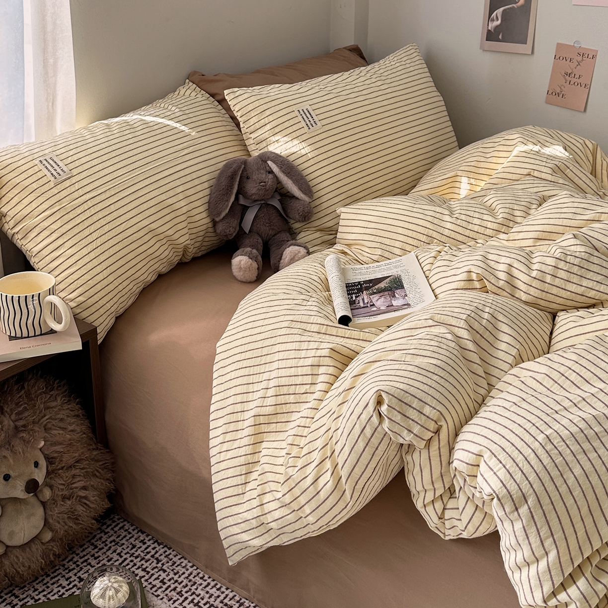 91家纺网 家纺一手货源 找家纺 艾咪-Amy ntmy 2026新款布标条纹款全棉纯棉色织水洗棉四件套 马卡黄