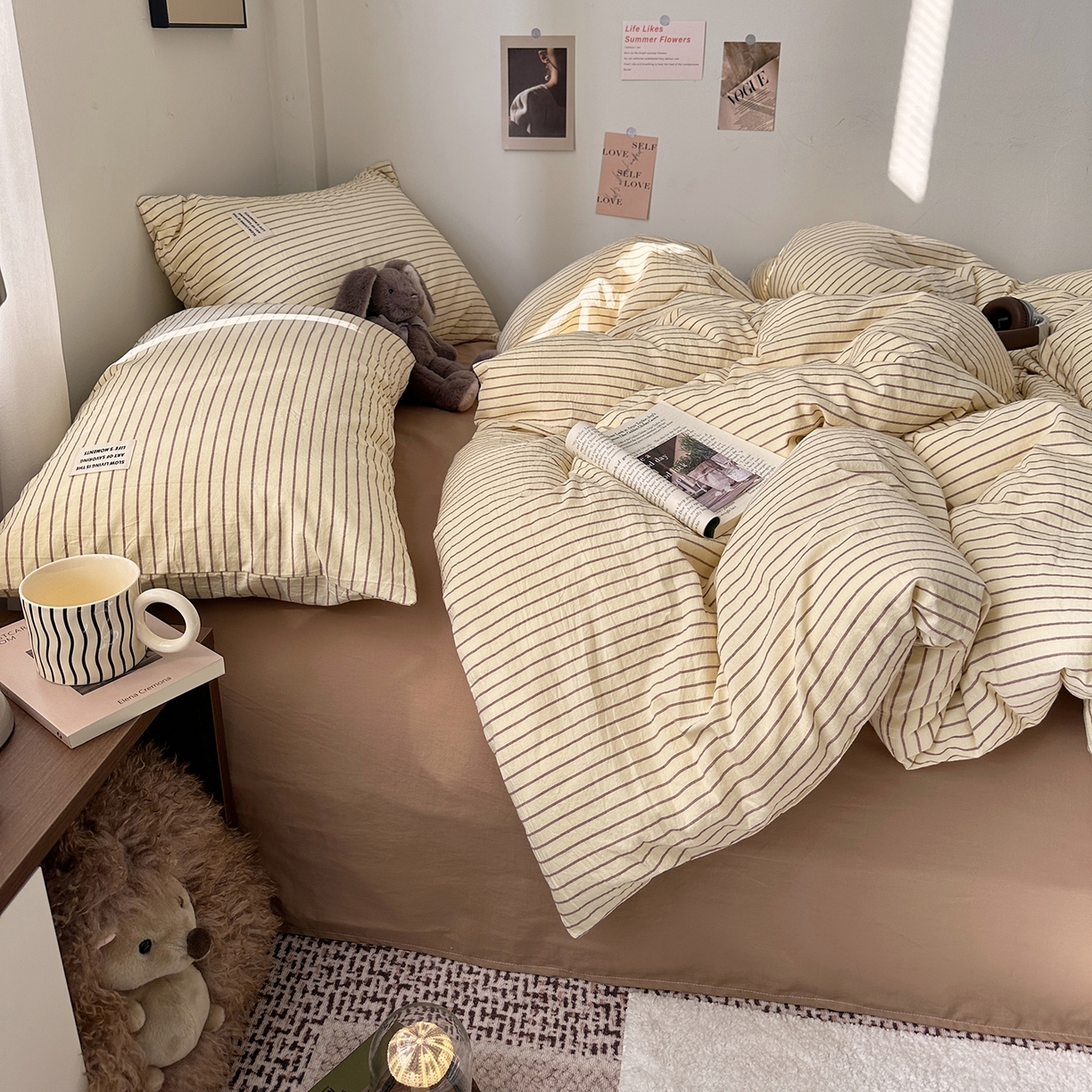 91家纺网 家纺一手货源 找家纺 艾咪-Amy ntmy 2026新款布标条纹款全棉纯棉色织水洗棉四件套 马卡黄