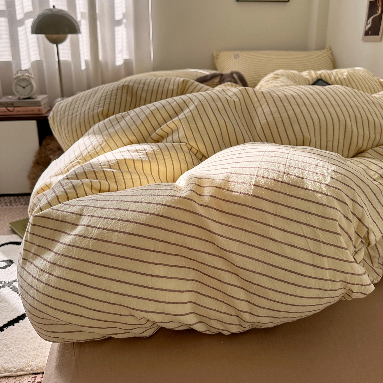 91家纺网 家纺一手货源 找家纺 艾咪-Amy ntmy 2026新款布标条纹款全棉纯棉色织水洗棉四件套 马卡黄