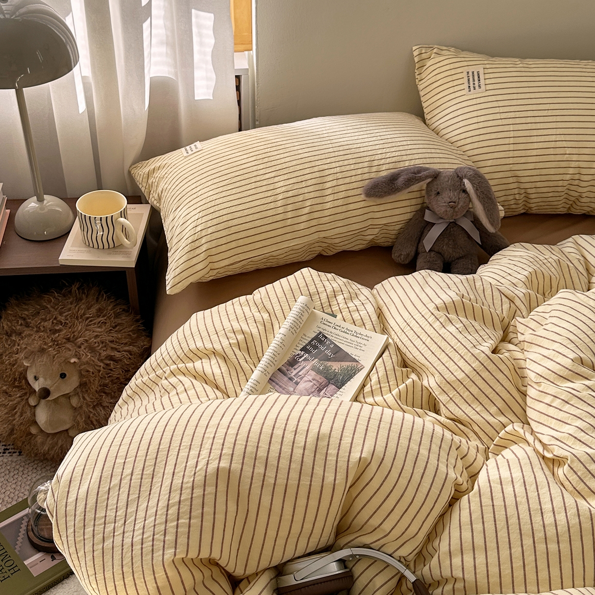 91家纺网 家纺一手货源 找家纺 艾咪-Amy ntmy 2026新款布标条纹款全棉纯棉色织水洗棉四件套 马卡黄