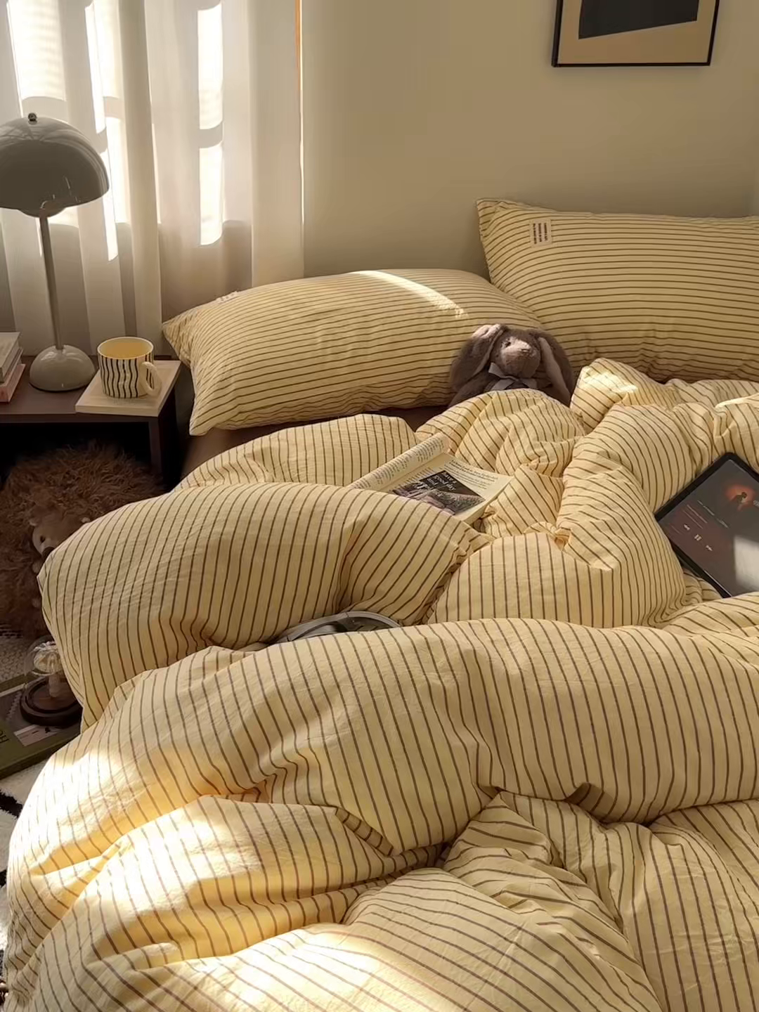 91家纺网 家纺一手货源 找家纺 艾咪-Amy ntmy 2026新款布标条纹款全棉纯棉色织水洗棉四件套 马卡黄