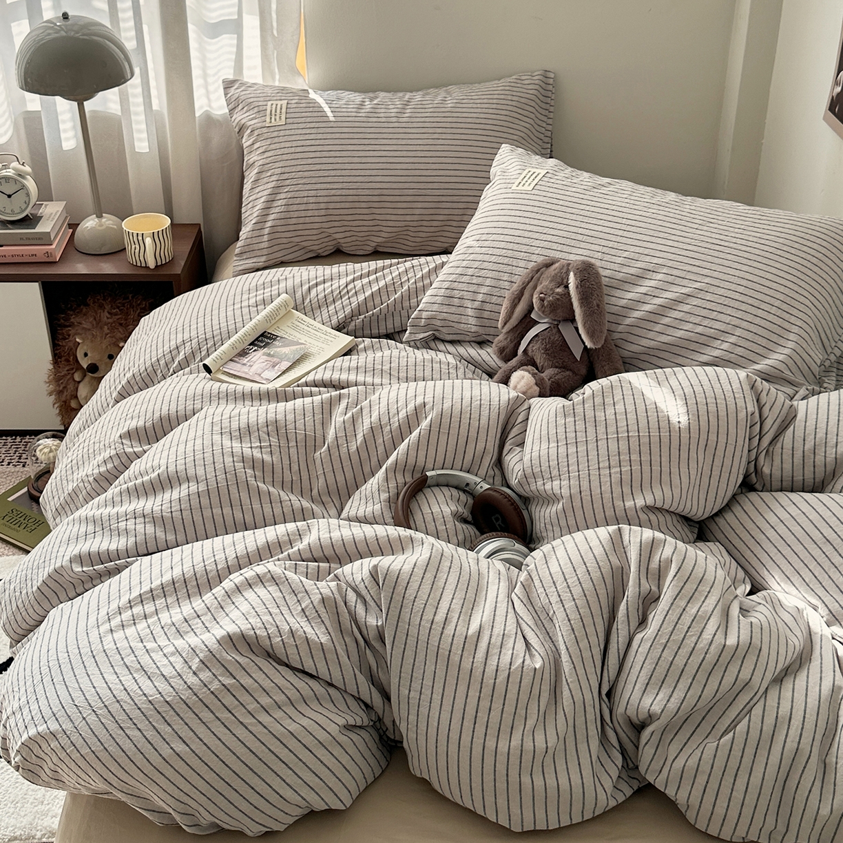 艾咪-Amy ntmy 2026新款布标条纹款全棉纯棉色织水洗棉四件套 马卡灰