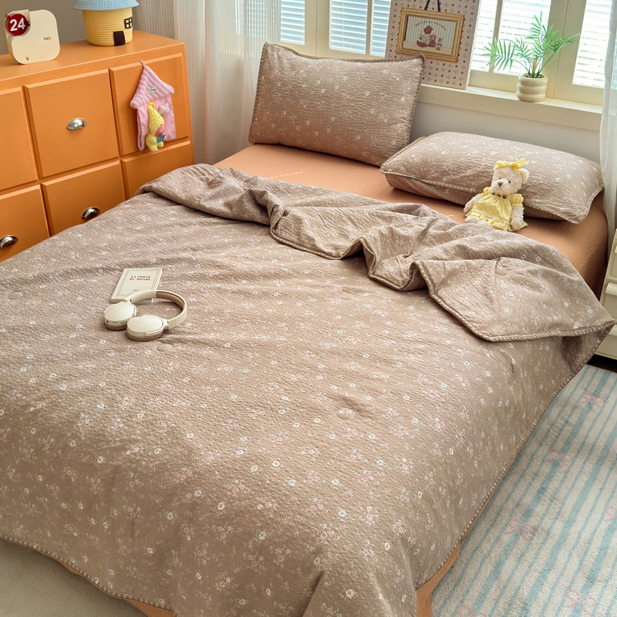 91家纺网 家纺一手货源 找家纺 暖阳 2026新款100%棉花泡芙棉贝壳夏被被子被芯 咖色情调