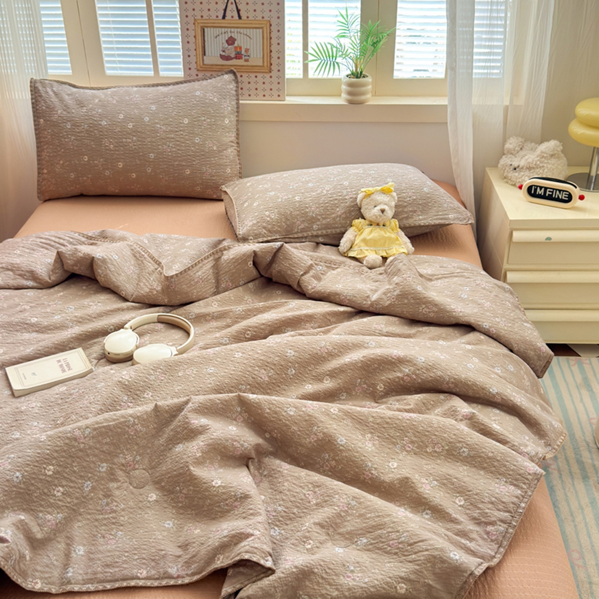 91家纺网 家纺一手货源 找家纺 暖阳 2026新款100%棉花泡芙棉贝壳夏被被子被芯 咖色情调