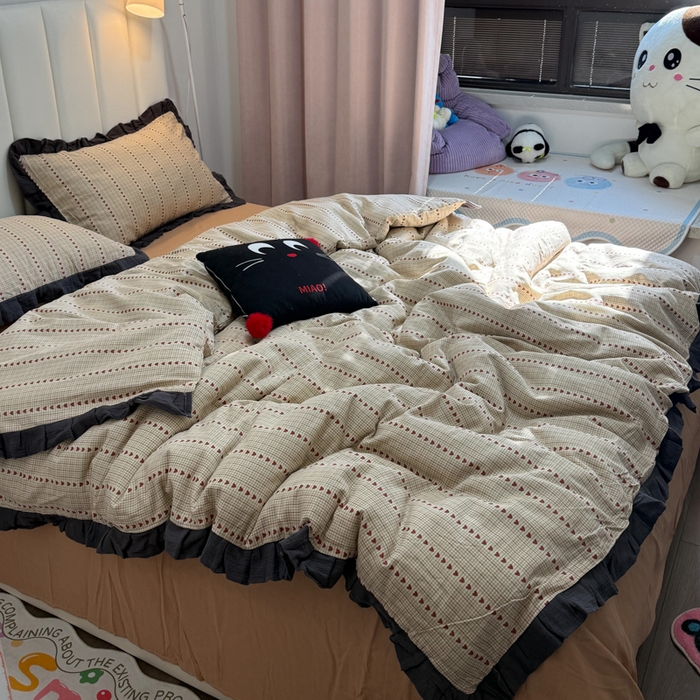 91家纺网 家纺一手货源 找家纺 （总）（总）【苏东来】2026韩版蕾丝花边纯棉全棉双层纱四件套印花纯棉四件套法式赫本木耳花边全棉公主双层纱四件套