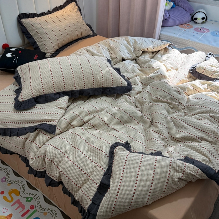 91家纺网 家纺一手货源 找家纺 （总）（总）【苏东来】2026韩版蕾丝花边纯棉全棉双层纱四件套印花纯棉四件套法式赫本木耳花边全棉公主双层纱四件套