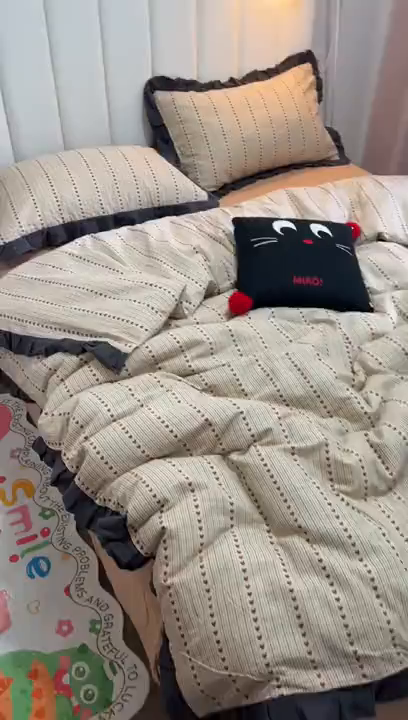 91家纺网 家纺一手货源 找家纺 （总）（总）【苏东来】2026韩版蕾丝花边纯棉全棉双层纱四件套印花纯棉四件套法式赫本木耳花边全棉公主双层纱四件套