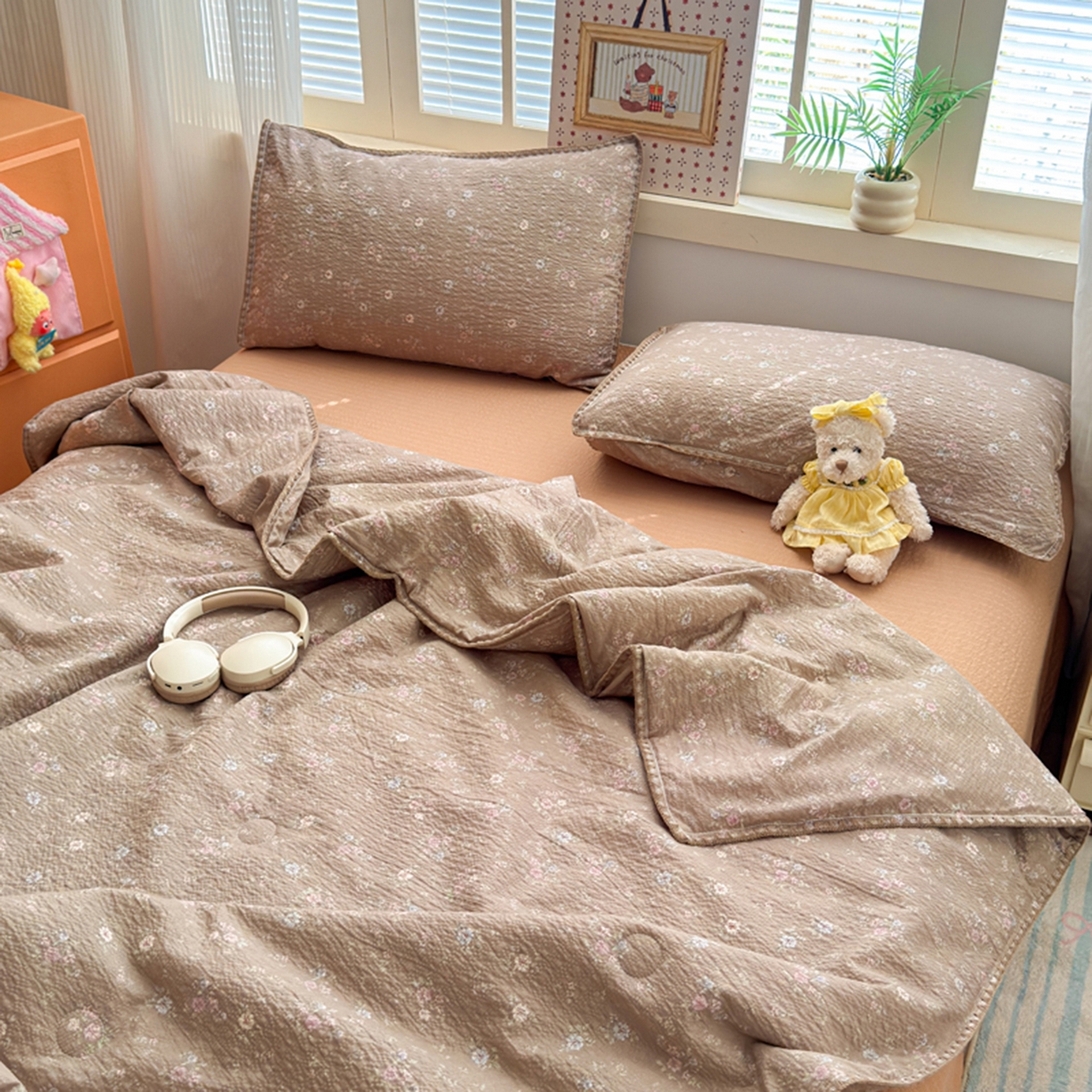 91家纺网 家纺一手货源 找家纺 暖阳 2026新款100%棉花泡芙棉贝壳夏被被子被芯 咖色情调