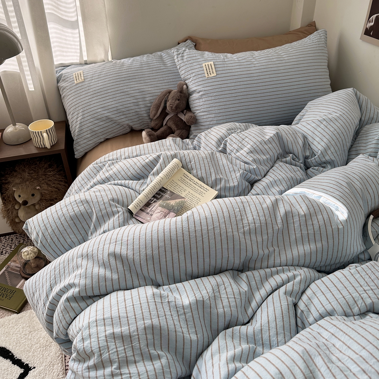 91家纺网 家纺一手货源 找家纺 艾咪-Amy ntmy 2026新款布标条纹款全棉纯棉色织水洗棉四件套 马卡蓝