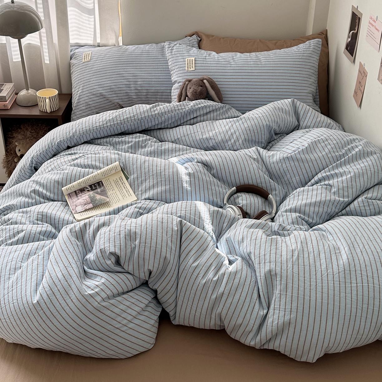 91家纺网 家纺一手货源 找家纺 艾咪-Amy ntmy 2026新款布标条纹款全棉纯棉色织水洗棉四件套 马卡蓝