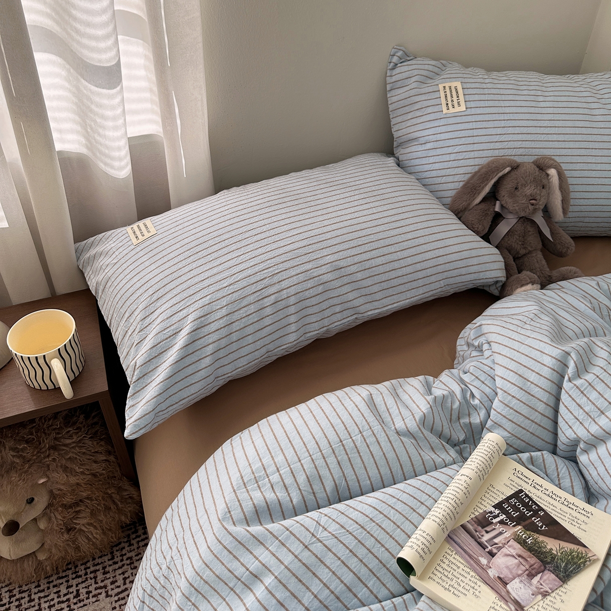 91家纺网 家纺一手货源 找家纺 艾咪-Amy ntmy 2026新款布标条纹款全棉纯棉色织水洗棉四件套 马卡蓝