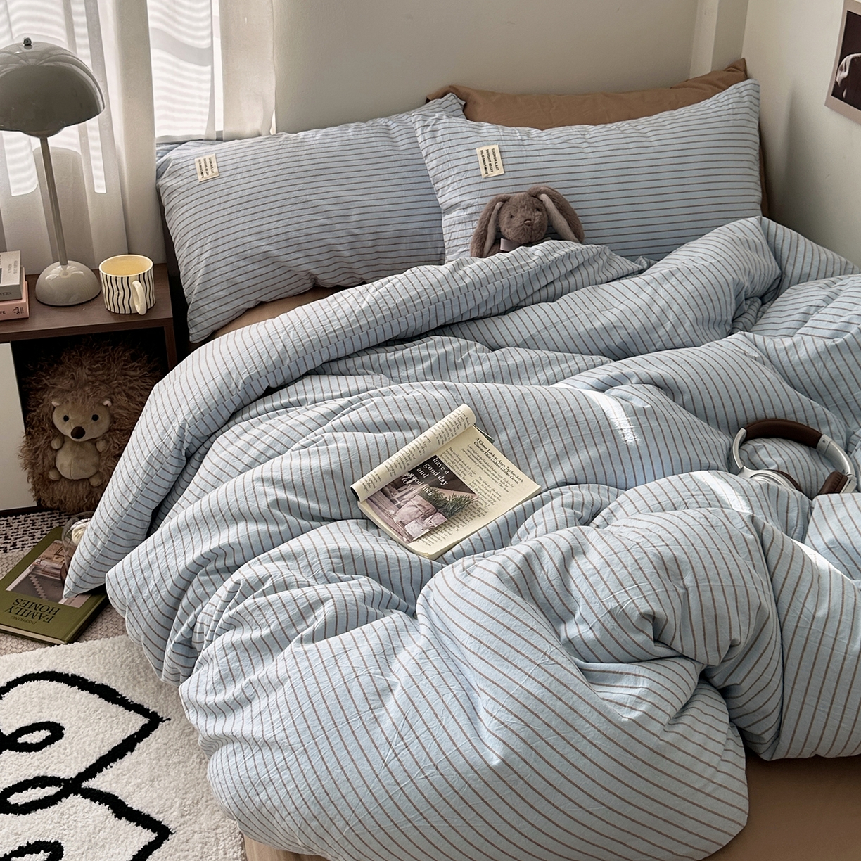 91家纺网 家纺一手货源 找家纺 艾咪-Amy ntmy 2026新款布标条纹款全棉纯棉色织水洗棉四件套 马卡蓝