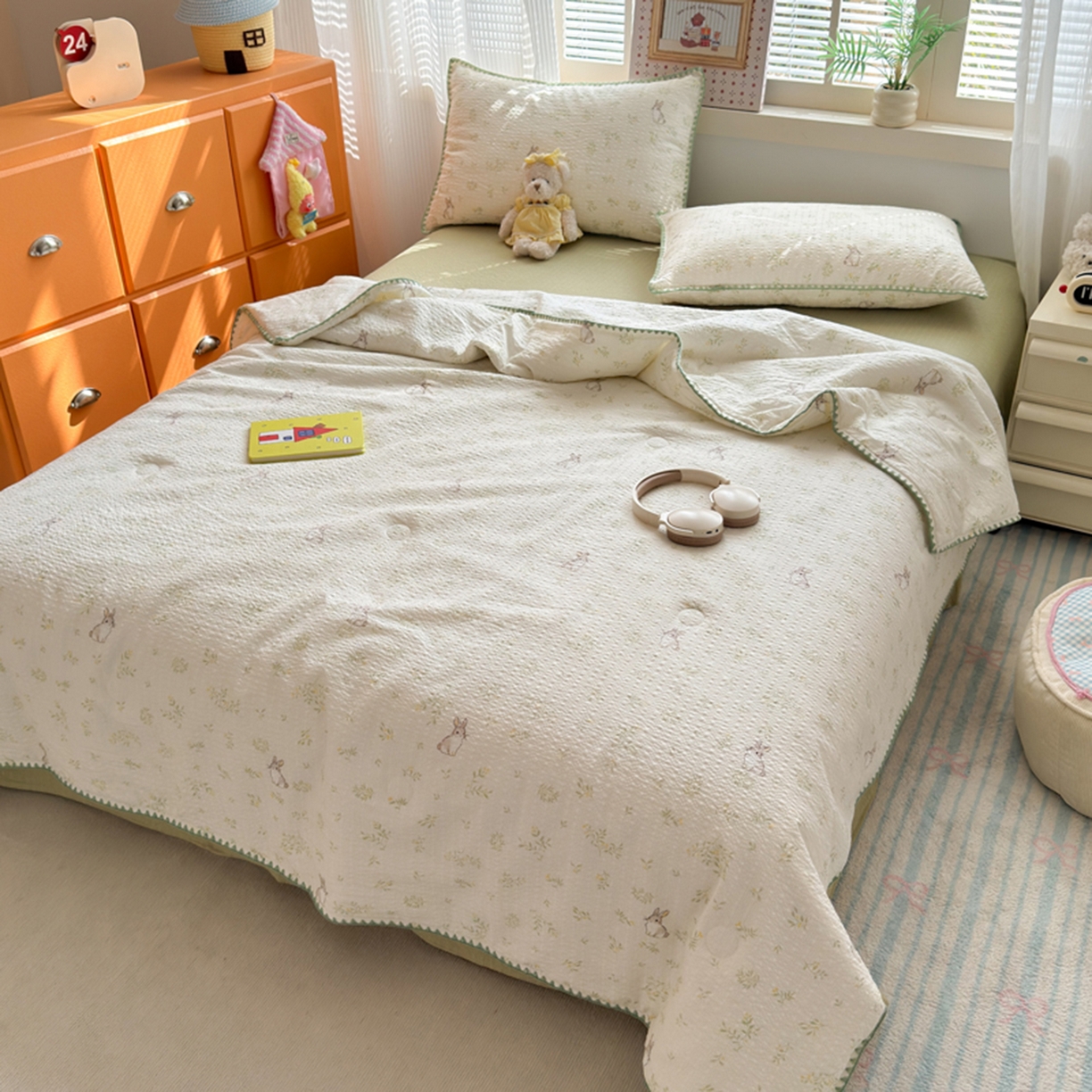 91家纺网 家纺一手货源 找家纺 暖阳 2026新款100%棉花泡芙棉贝壳夏被被子被芯 绿野小兔