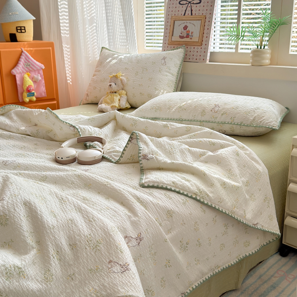 91家纺网 家纺一手货源 找家纺 暖阳 2026新款100%棉花泡芙棉贝壳夏被被子被芯 绿野小兔