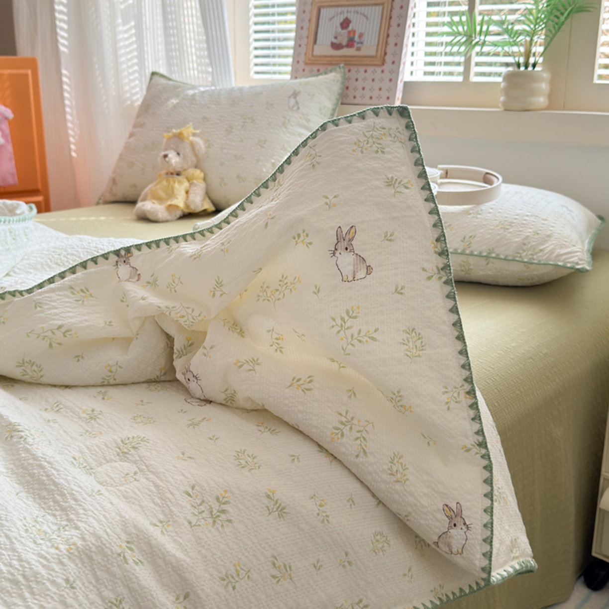 91家纺网 家纺一手货源 找家纺 暖阳 2026新款100%棉花泡芙棉贝壳夏被被子被芯 绿野小兔