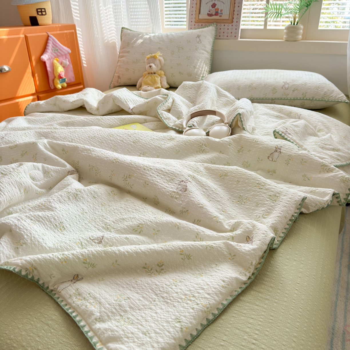 91家纺网 家纺一手货源 找家纺 暖阳 2026新款100%棉花泡芙棉贝壳夏被被子被芯 绿野小兔