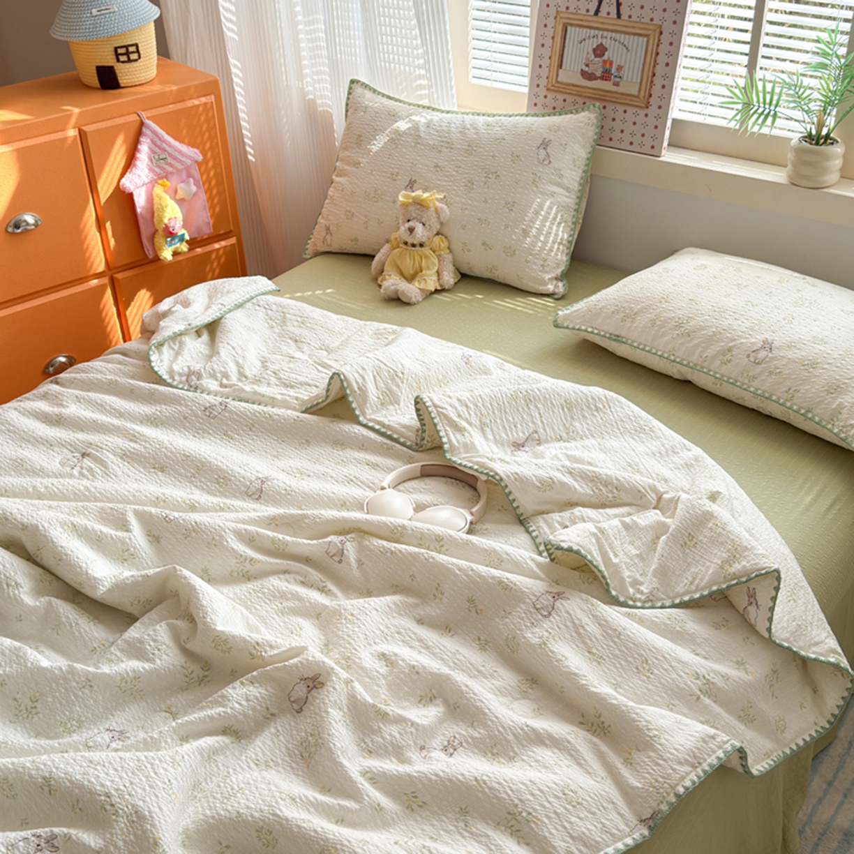 91家纺网 家纺一手货源 找家纺 暖阳 2026新款100%棉花泡芙棉贝壳夏被被子被芯 绿野小兔