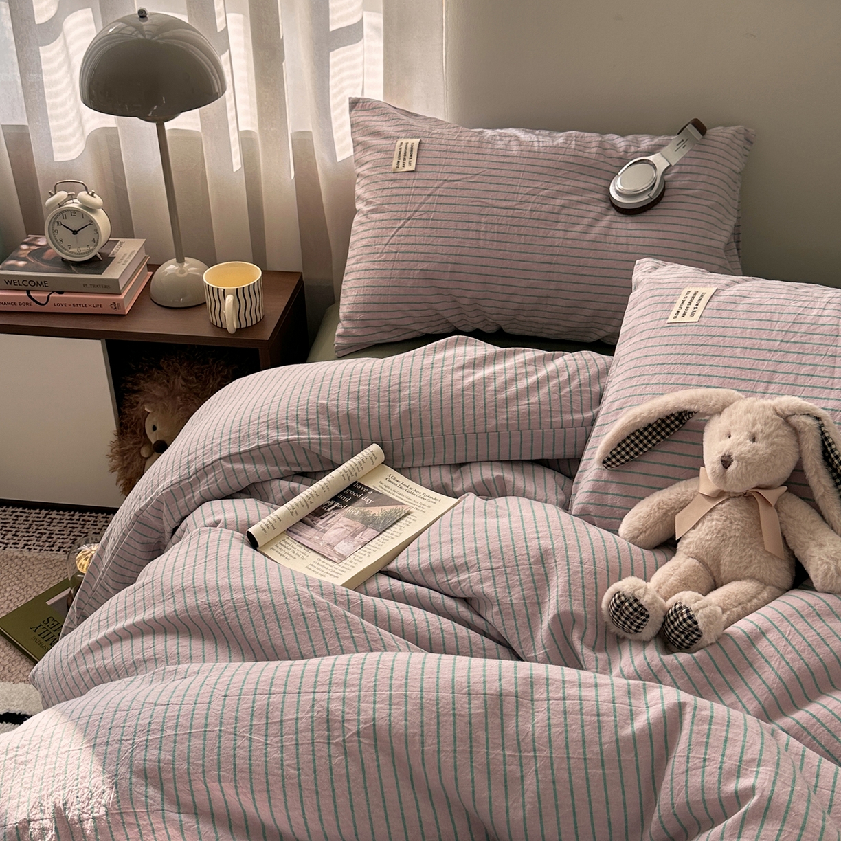 91家纺网 家纺一手货源 找家纺 艾咪-Amy ntmy 2026新款布标条纹款全棉纯棉色织水洗棉四件套 马卡紫