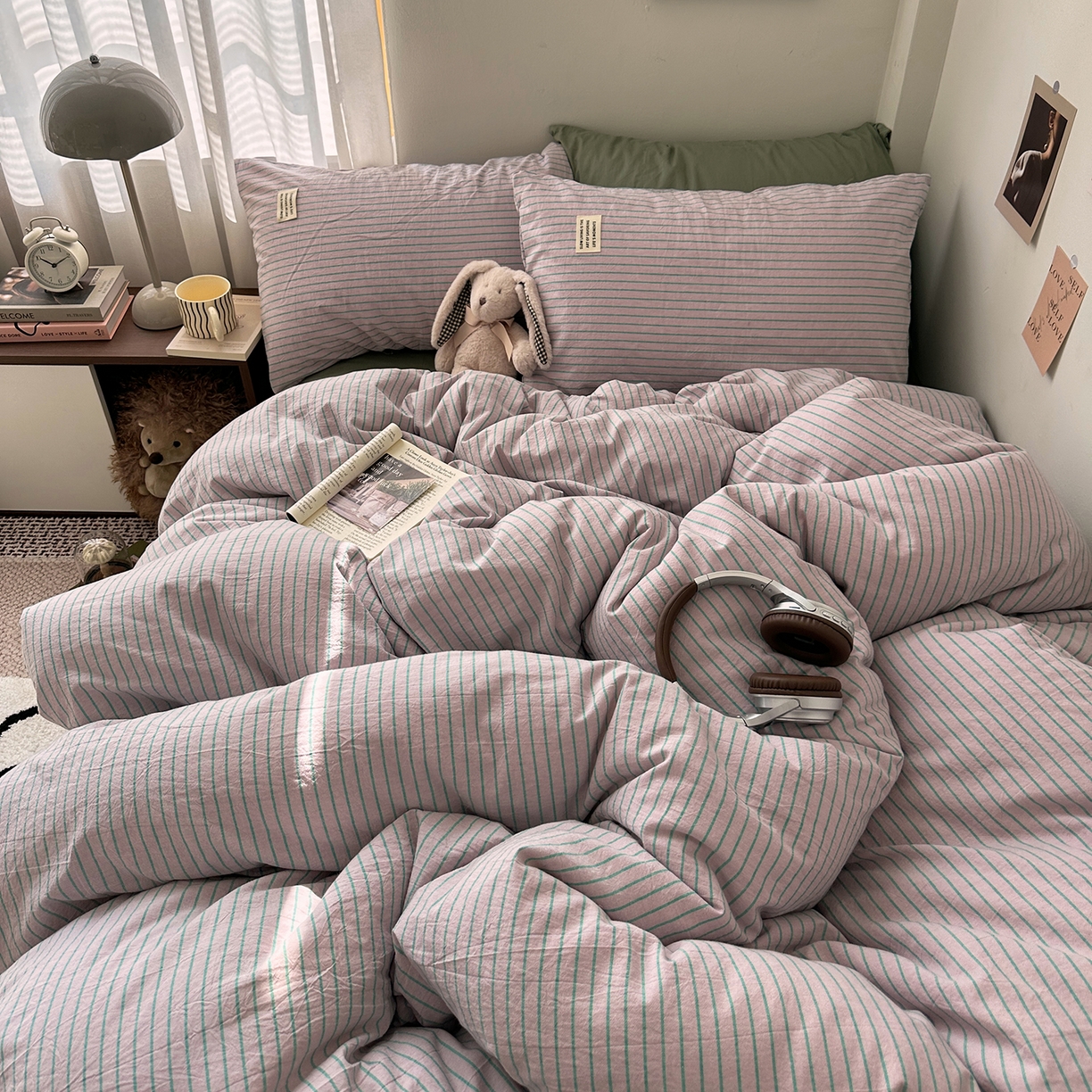 91家纺网 家纺一手货源 找家纺 艾咪-Amy ntmy 2026新款布标条纹款全棉纯棉色织水洗棉四件套 马卡紫