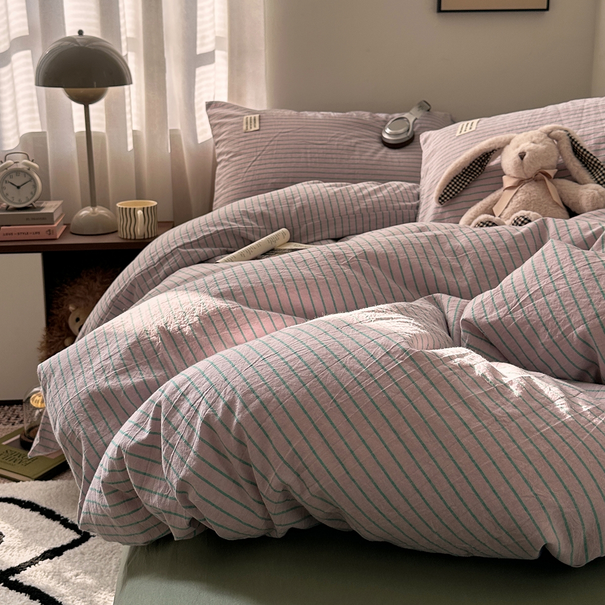 91家纺网 家纺一手货源 找家纺 艾咪-Amy ntmy 2026新款布标条纹款全棉纯棉色织水洗棉四件套 马卡紫