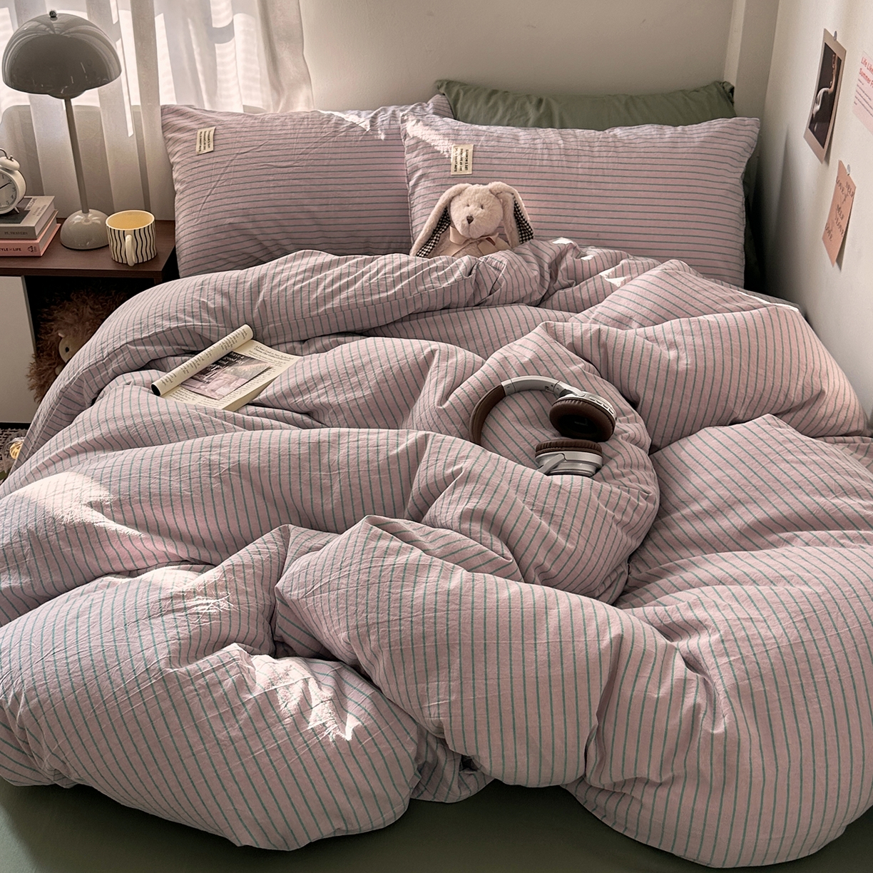 91家纺网 家纺一手货源 找家纺 艾咪-Amy ntmy 2026新款布标条纹款全棉纯棉色织水洗棉四件套 马卡紫