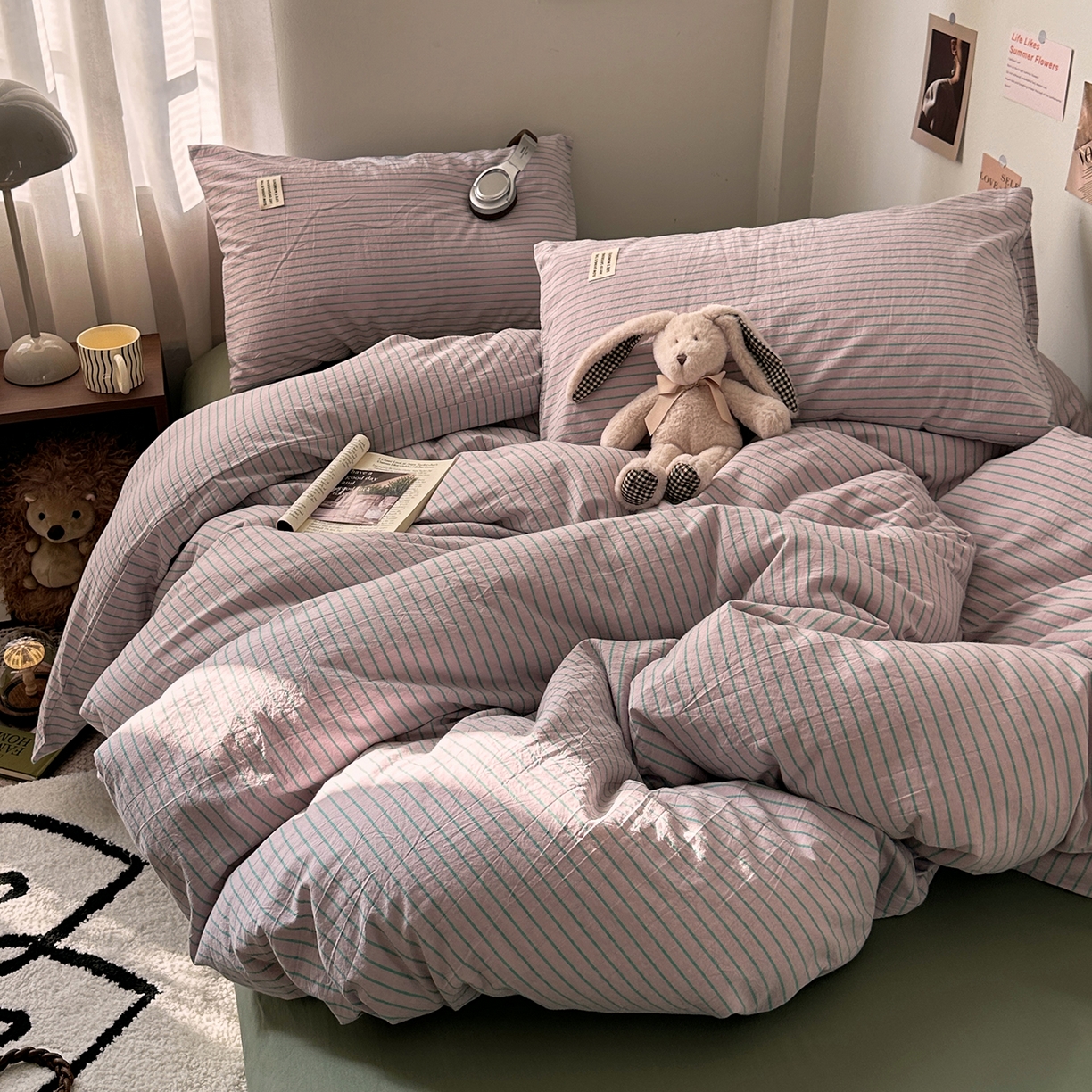 91家纺网 家纺一手货源 找家纺 艾咪-Amy ntmy 2026新款布标条纹款全棉纯棉色织水洗棉四件套 马卡紫