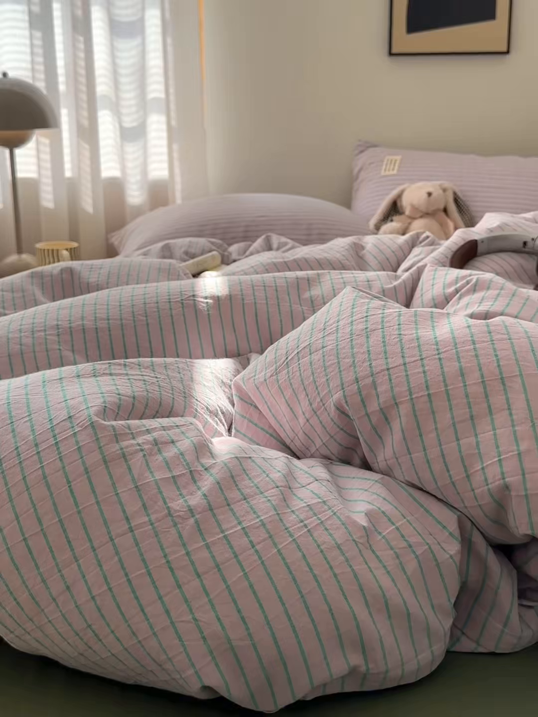 91家纺网 家纺一手货源 找家纺 艾咪-Amy ntmy 2026新款布标条纹款全棉纯棉色织水洗棉四件套 马卡紫