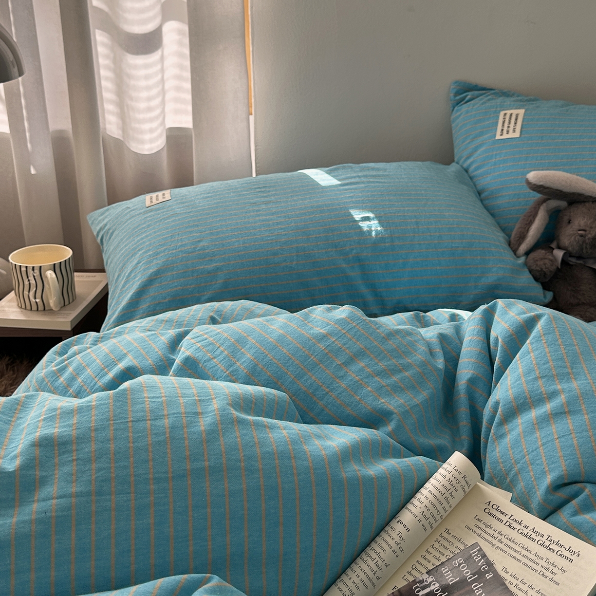 91家纺网 家纺一手货源 找家纺 艾咪-Amy ntmy 2026新款布标条纹款全棉纯棉色织水洗棉四件套 普蓝条