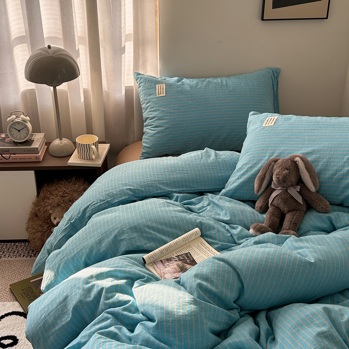 91家纺网 家纺一手货源 找家纺 艾咪-Amy ntmy 2026新款布标条纹款全棉纯棉色织水洗棉四件套 普蓝条