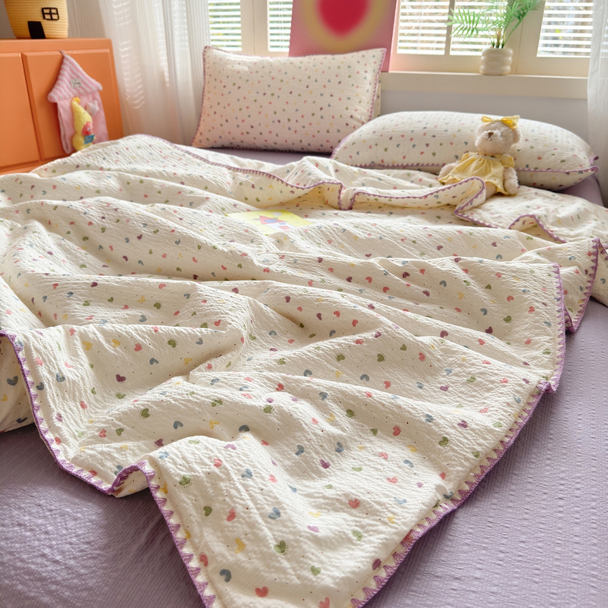 91家纺网 家纺一手货源 找家纺 暖阳 2026新款100%棉花泡芙棉贝壳夏被被子被芯 心心相印