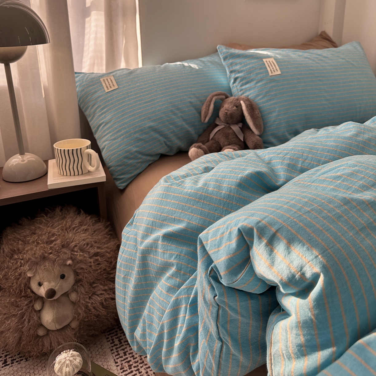 91家纺网 家纺一手货源 找家纺 艾咪-Amy ntmy 2026新款布标条纹款全棉纯棉色织水洗棉四件套 普蓝条