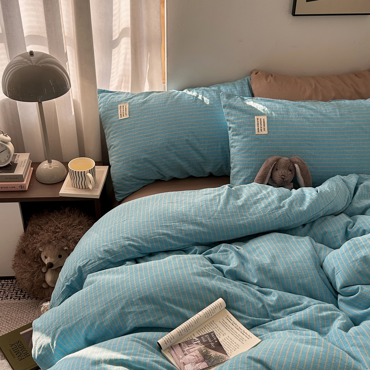 91家纺网 家纺一手货源 找家纺 艾咪-Amy ntmy 2026新款布标条纹款全棉纯棉色织水洗棉四件套 普蓝条