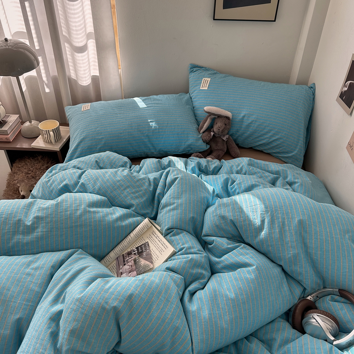 91家纺网 家纺一手货源 找家纺 艾咪-Amy ntmy 2026新款布标条纹款全棉纯棉色织水洗棉四件套 普蓝条