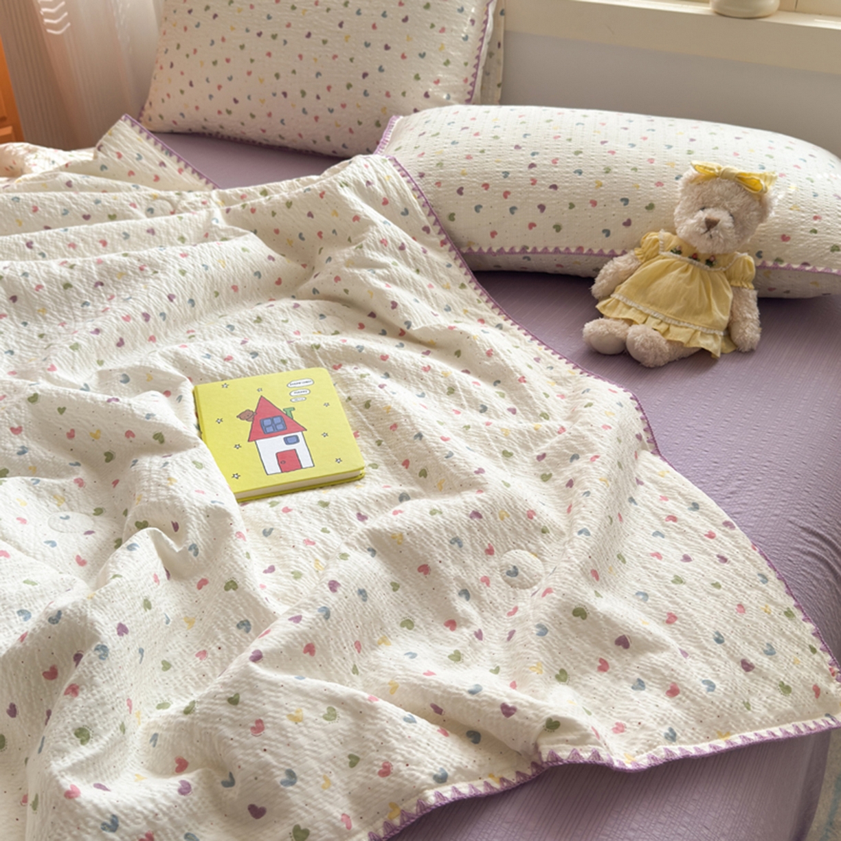 91家纺网 家纺一手货源 找家纺 暖阳 2026新款100%棉花泡芙棉贝壳夏被被子被芯 心心相印