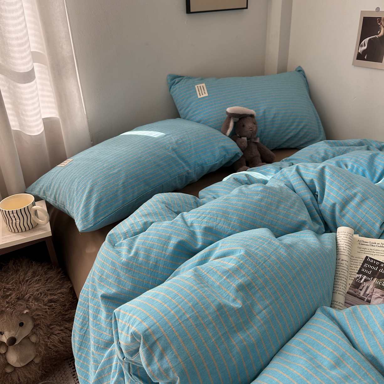 91家纺网 家纺一手货源 找家纺 艾咪-Amy ntmy 2026新款布标条纹款全棉纯棉色织水洗棉四件套 普蓝条