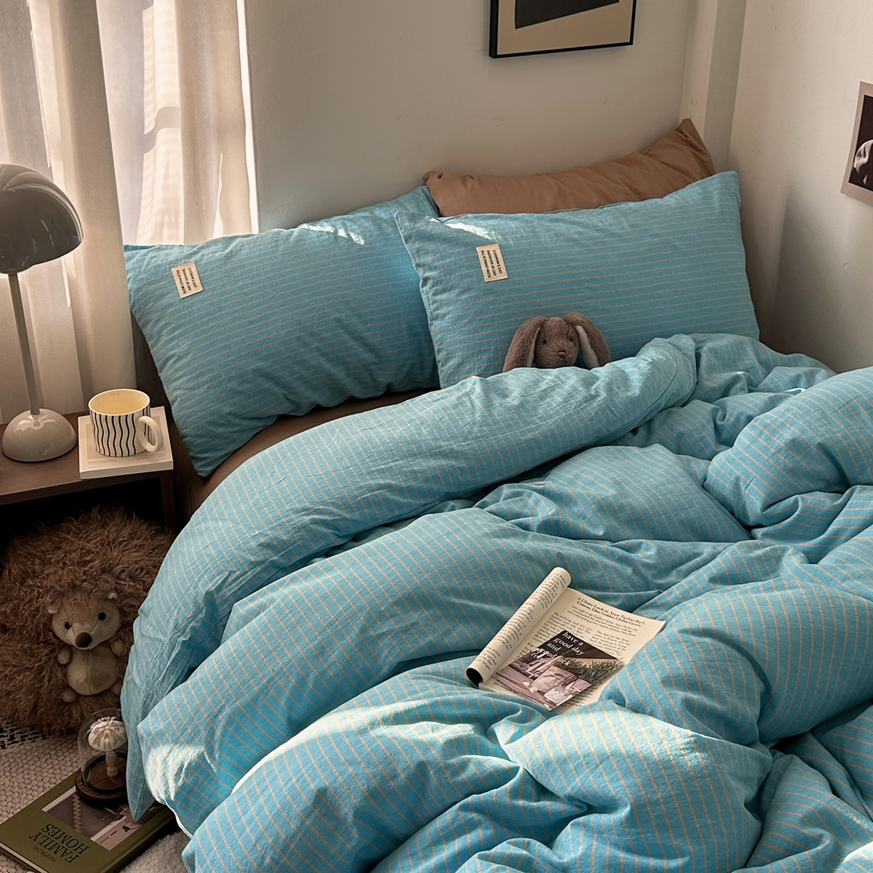 91家纺网 家纺一手货源 找家纺 艾咪-Amy ntmy 2026新款布标条纹款全棉纯棉色织水洗棉四件套 普蓝条