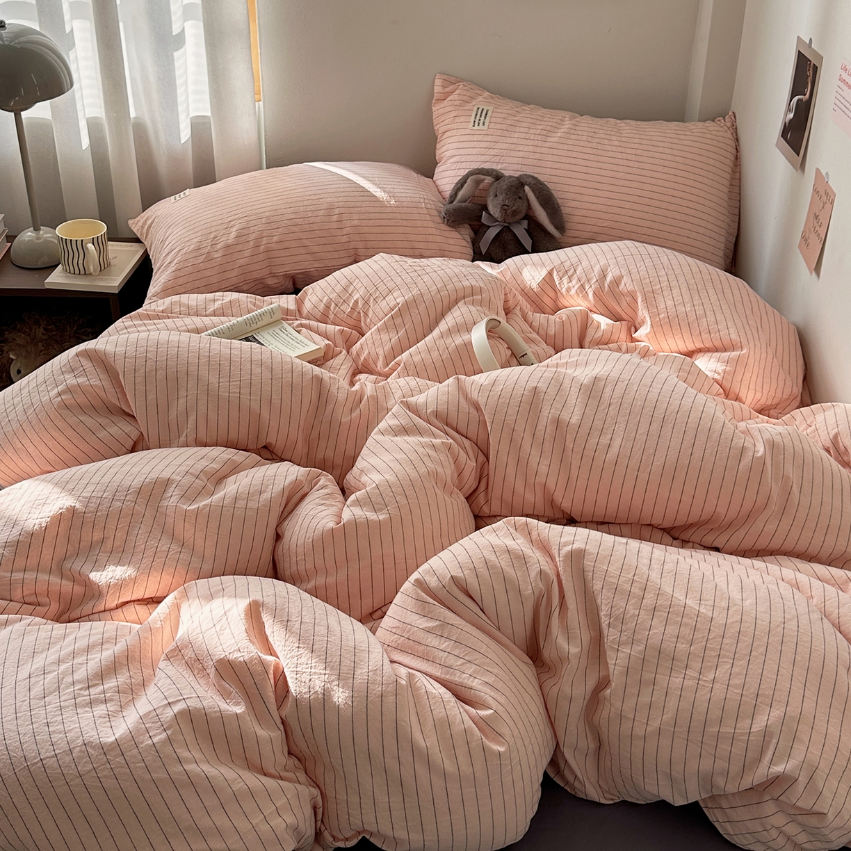 91家纺网 家纺一手货源 找家纺 艾咪-Amy ntmy 2026新款布标条纹款全棉纯棉色织水洗棉四件套 新粉条