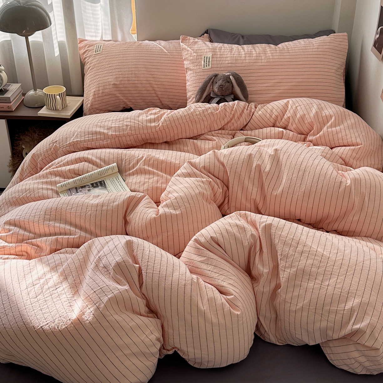 91家纺网 家纺一手货源 找家纺 艾咪-Amy ntmy 2026新款布标条纹款全棉纯棉色织水洗棉四件套 新粉条