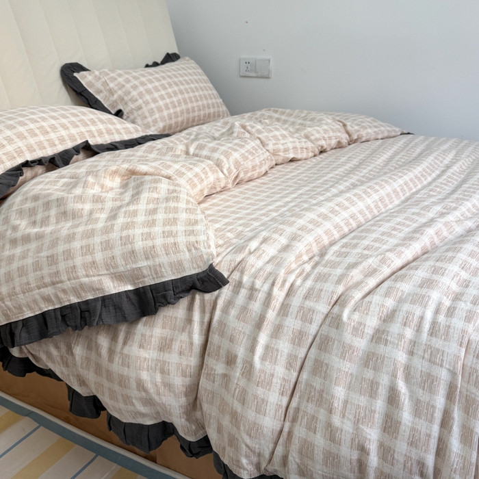 91家纺网 家纺一手货源 找家纺 （总）【苏东来】2026韩版蕾丝花边纯棉全棉双层纱四件套印花纯棉四件套法式赫本木耳花边全棉公主双层纱四件套