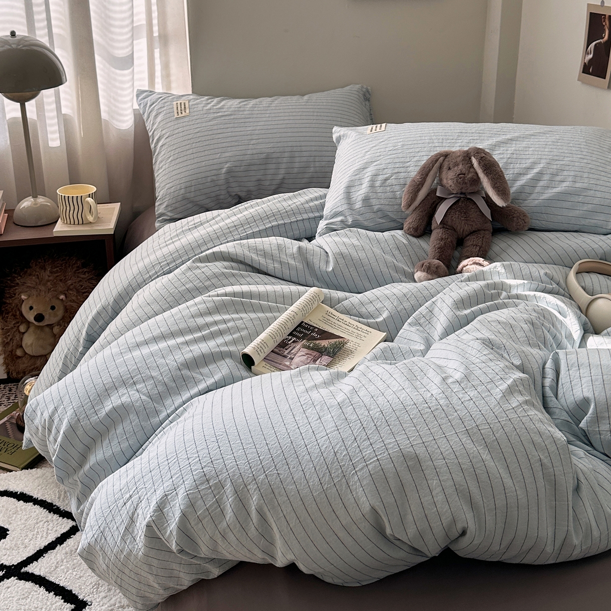 艾咪-Amy ntmy 2026新款布标条纹款全棉纯棉色织水洗棉四件套 新蓝条