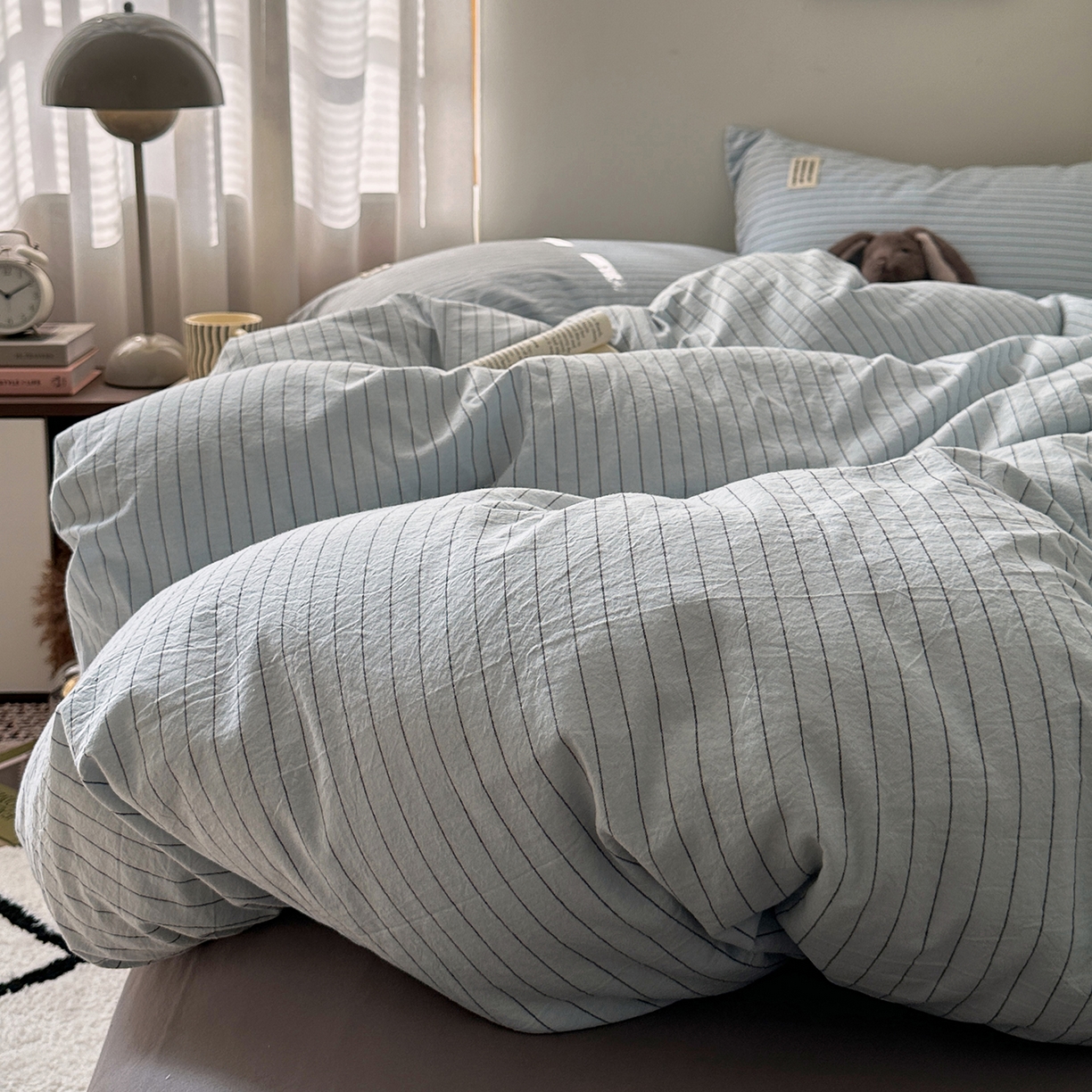 91家纺网 家纺一手货源 找家纺 艾咪-Amy ntmy 2026新款布标条纹款全棉纯棉色织水洗棉四件套 新蓝条