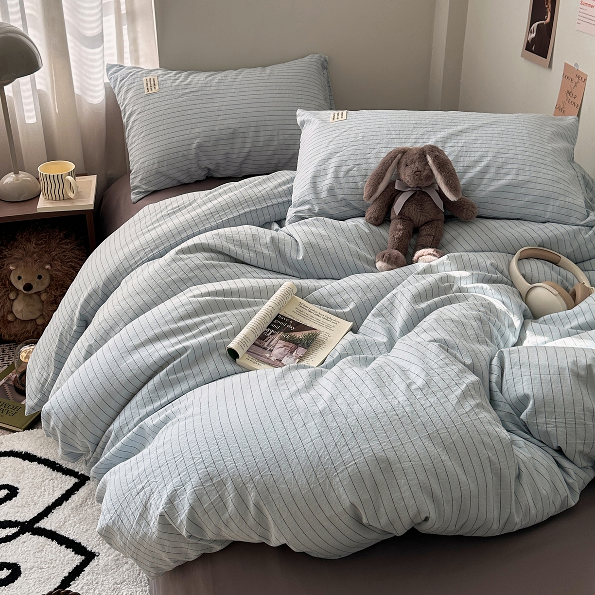 91家纺网 家纺一手货源 找家纺 艾咪-Amy ntmy 2026新款布标条纹款全棉纯棉色织水洗棉四件套 新蓝条