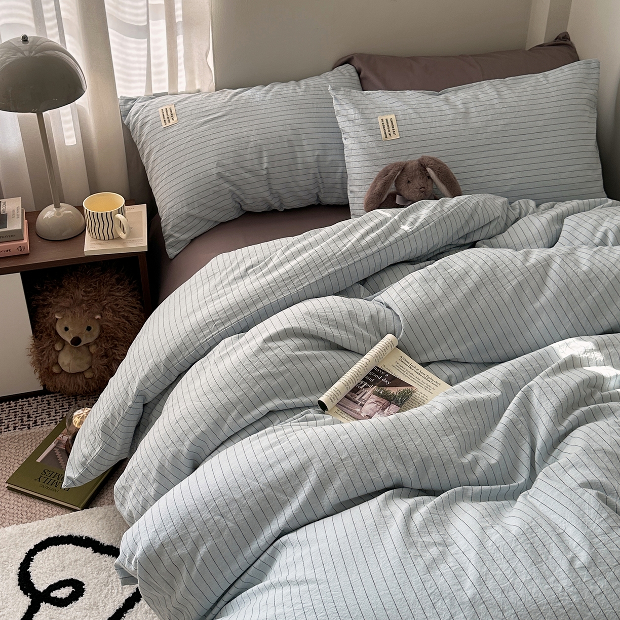 91家纺网 家纺一手货源 找家纺 艾咪-Amy ntmy 2026新款布标条纹款全棉纯棉色织水洗棉四件套 新蓝条