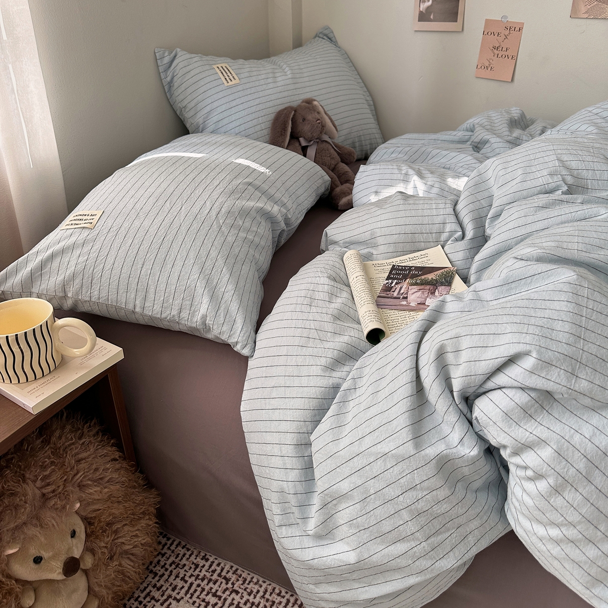 91家纺网 家纺一手货源 找家纺 艾咪-Amy ntmy 2026新款布标条纹款全棉纯棉色织水洗棉四件套 新蓝条