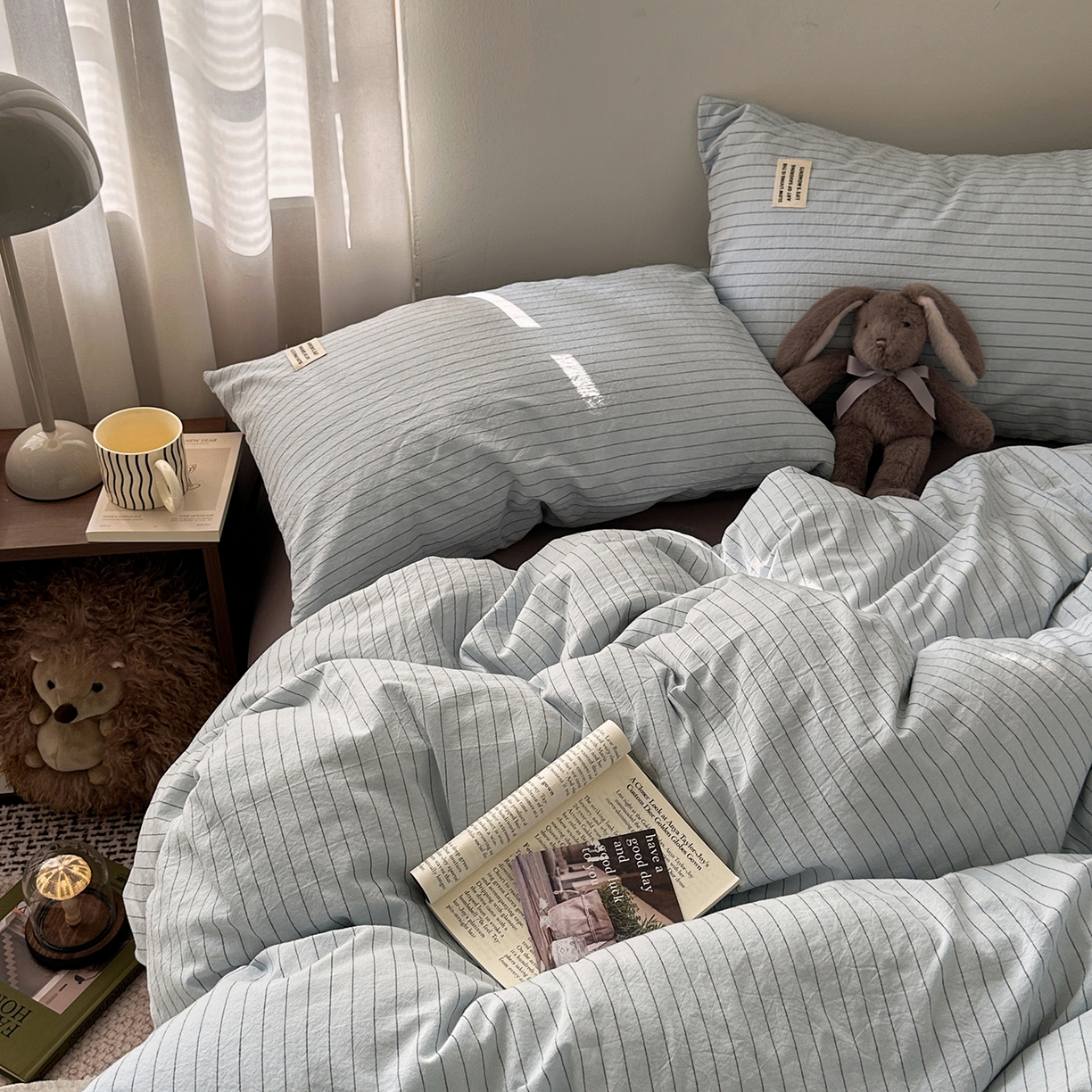 91家纺网 家纺一手货源 找家纺 艾咪-Amy ntmy 2026新款布标条纹款全棉纯棉色织水洗棉四件套 新蓝条