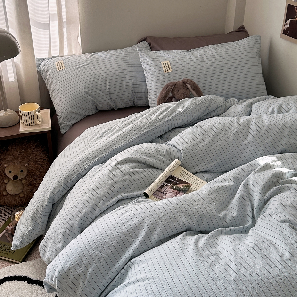 91家纺网 家纺一手货源 找家纺 艾咪-Amy ntmy 2026新款布标条纹款全棉纯棉色织水洗棉四件套 新蓝条